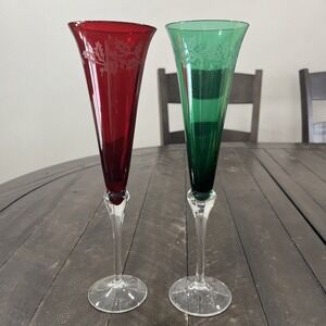 Lenox 2 Holiday Gems Ruby Red Green Etched Fluted Champagne Glasses 11"